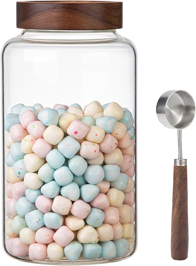 Patoper Large Glass Coffee Jars with Spoon,Round Storage Canister with Wooden Lid Clear Glass Food Jar for Pantry Sugar Tea Coffee Bean Spice Nuts Cookies Bath Salts (2300ml/77oz)