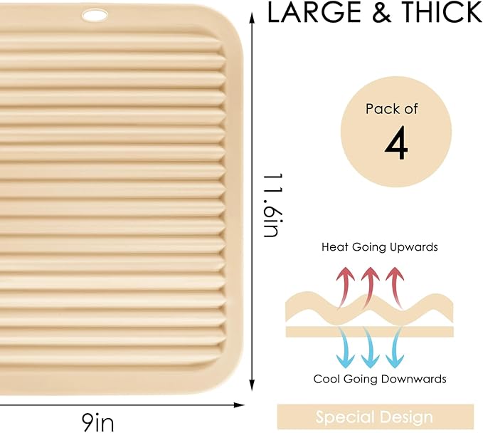QPIX DIGITAL 4 Pack Beige Silicone Trivets For Hot Dishes, Large And Heat Resistant Silicone Pot Holder Hot Pads For Kitchen, 9x12 Trivet Mat For Hot Pots And Pans, Jar Opener, Drying Mat