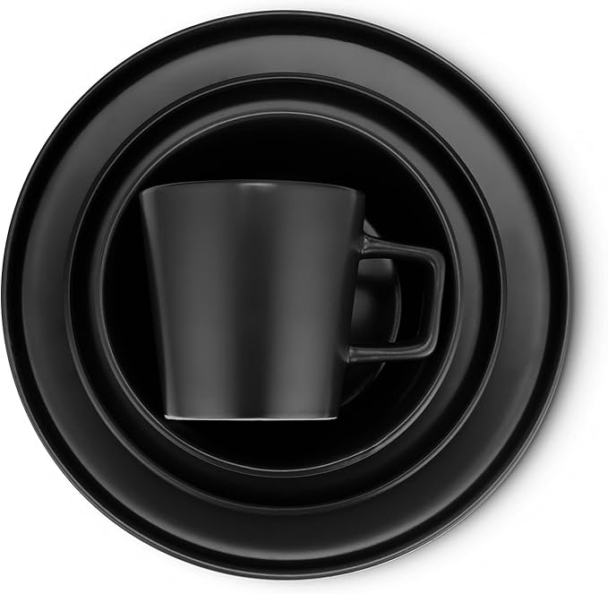 Stone Lain Celina Stoneware 32 Piece Modern Dinnerware Set, Plates and Bowls, Black Matte, Service for 8, Microwave & Dishwasher Safe