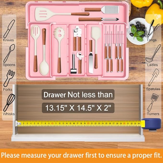 Homecor Utensil Drawer Organizer for Kitchen, Expandable Silverware Organizer Cooking Utensils Tray, Large Cutlery and Flatware Holder, Kitchen Tools & Gadgets Storage (Pink)