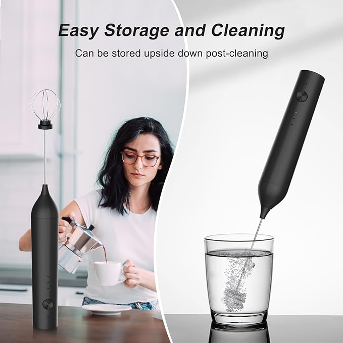 ELMWAY Rechargeable Milk Frother Handheld, 3-Speed Electric Whisk Frother Wand with Egg Whisk Attachment for Coffee, Matcha, Protein Powder, Latte & Cappuccino(Black without Stand)