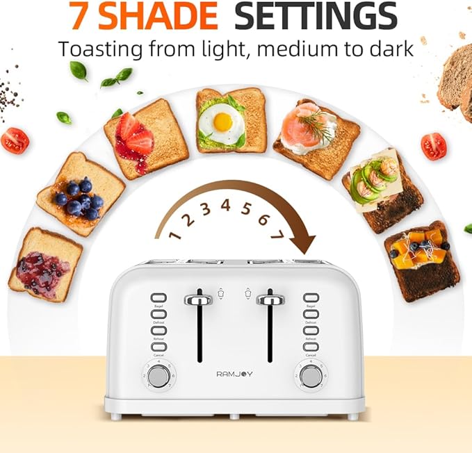 RAMJOY White Toaster 4 Slice, Dual Independent Controls, Extra Wide Slot Toasters for Bagel, Bread, Waffles, 7 Shade Settings, 4 Main Functions, Removable Crumb Tray, 1500 Watts, White Stainless Steel