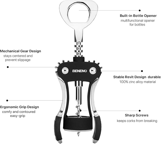 Beneno Wine Opener with Stainless Steel Wine Foil Cutter, Midnight Black