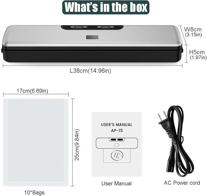 Compact Food Saver Vacuum Sealer Machine 100 Times Consecutive Works | 5mm Sealing Wire | 5 Food Modes | Portable Dry&Moist Multi-Functional Storage with 10 Vacuum Seal Bags