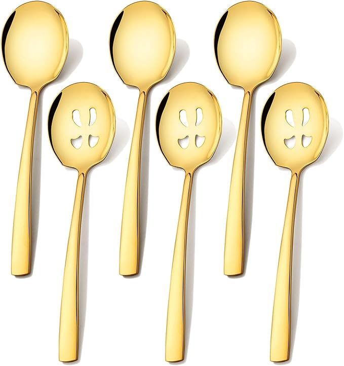 Extra Large Serving Spoons Set of 6-Piece, 11.7-Inch Gold Serving Slotted Spoon x 3 Serving Spoon x 3, Stainless Steel Serving Utensil for Buffet, Parties, Catering - Dishwasher Safe(6-Pack, Gold)