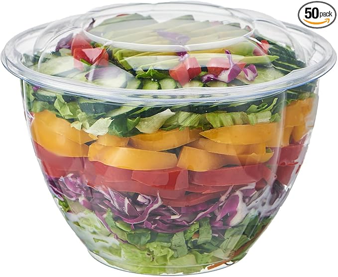 Jaluxing [48 oz. 50 Sets Clear Plastic Salad Bowls with Airtight Lids Disposable To Go Mixing Containers Serving for Fruit, Quinoa, Lunch and Meal Prep