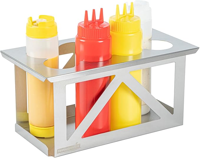 Restaurantware Squeeze Bottle Holder 1 Count Fits 1/3 Size Pan 12.79 x 7.09 x 6.26 Inch Stainless Steel Condiment Bottle Organizer - Durable Kitchen Prep Bottle Rack - Silver