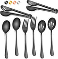 Patelai 8 Pcs Black Stainless Steel Serving Utensils Set 8.7" Large Spoons and Slotted Spoon 9.45" Tong 9" Forks Flatware Wedding Party Restaurant Cooking Kitchen Holiday Buffet Banquet Catering Hotel