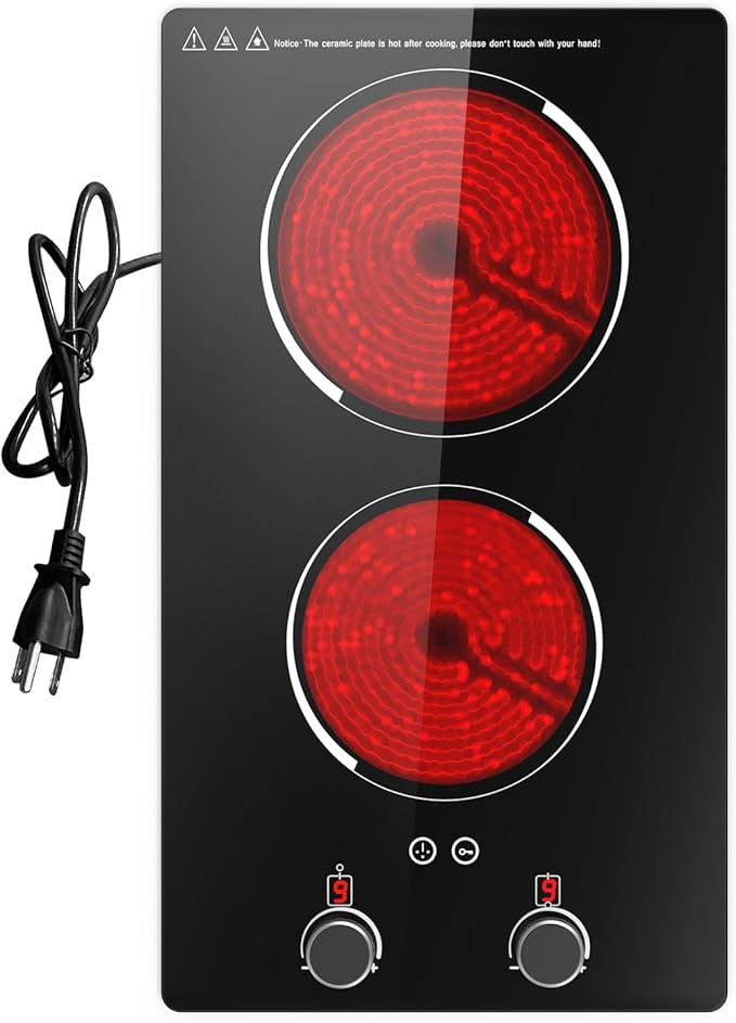 GTKZW 110v Electric Cooktop 2 Burners, 12'' Electric Stove Top with Plug in, Knob Control Countertop & Built-in Ceramic Cooktop, 9 Power Levels, Child Lock, Timer, Over-Heat Protection
