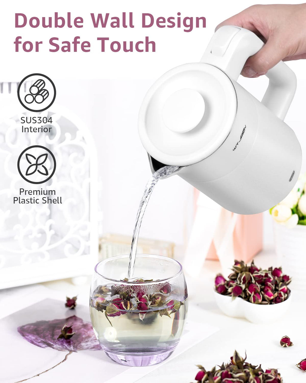 WTJMOV 0.6L Small Electric Tea Kettle Lightweight, 20 Ounce Double Wall Hot Water Boiler Stainless Steel Auto Shut-off, 120V Portable Travel Electric Kettle Fast Boil for Tea and Coffee,White
