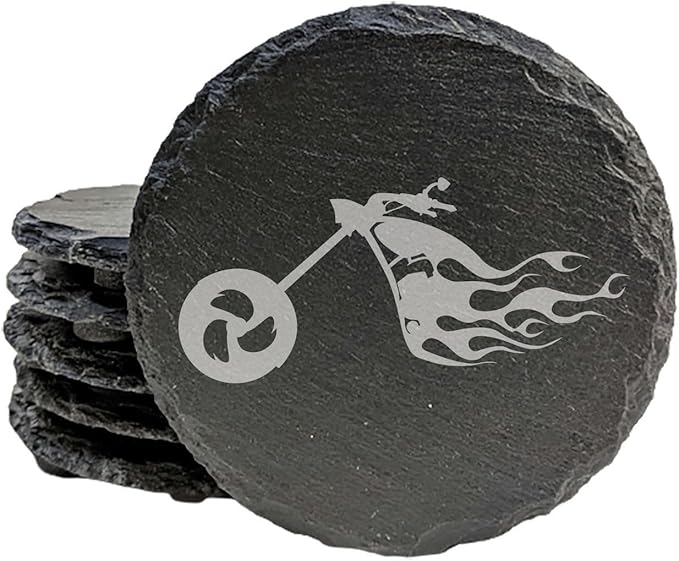 Engraved Flaming Chopper Slate Coasters Set of 4 – Round – Made in USA