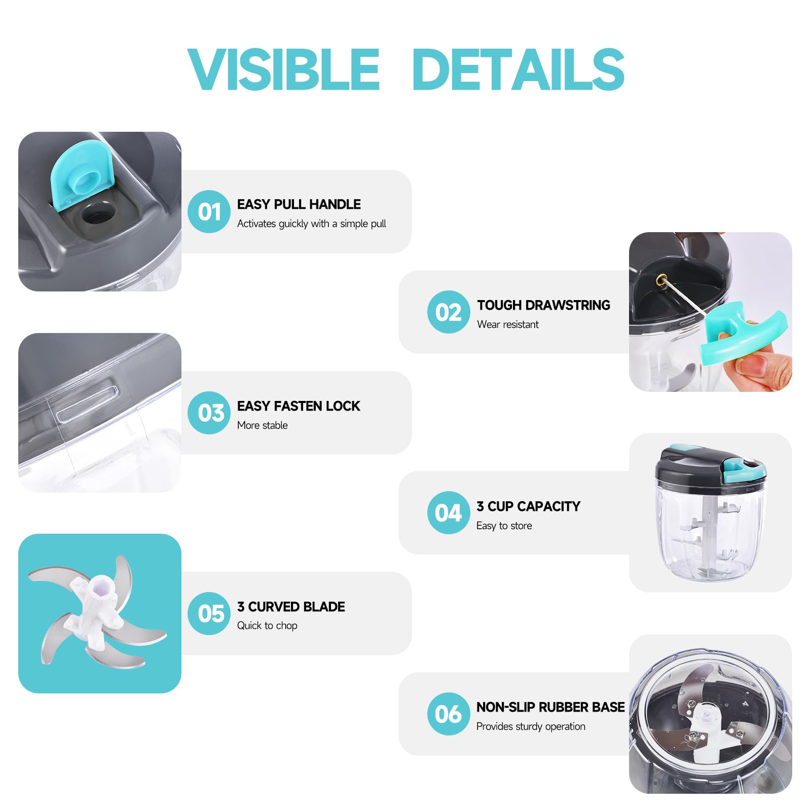 Ziweaye Manual Food Processor Vegetable Chopper, Portable Hand Pull String Garlic Mincer Onion Cutter for Veggies, Ginger, Fruits, Nuts, Herbs, etc., （900ml,Gray-blue）