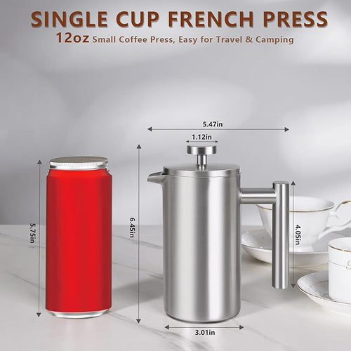 12 OZ French Press Coffee Maker, Sturdy Full Stainless Steel Coffee Press