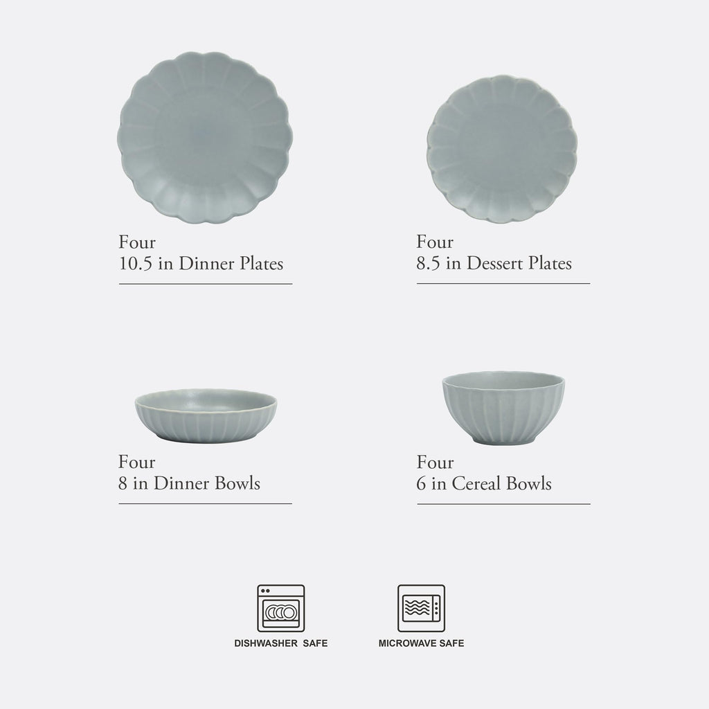 Gibson Elite Malibu Shore 16 Piece Scallop Stoneware Reactive Glaze (Service for 4) Ceramic Plates and Bowls Dinnerware Set - Blue