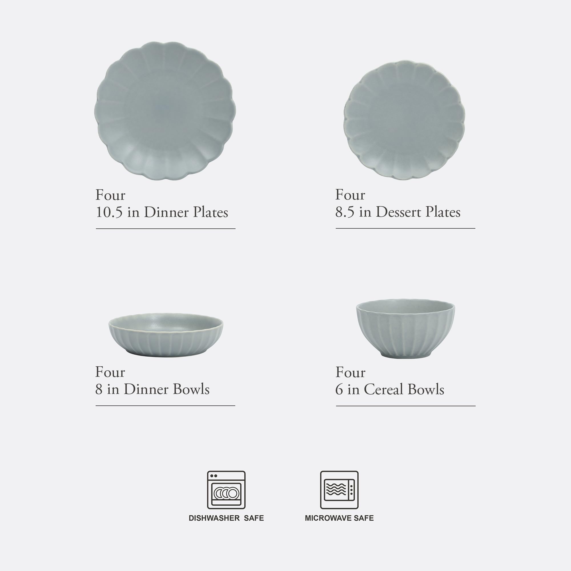 Gibson Elite Malibu Shore 16 Piece Scallop Stoneware Reactive Glaze (Service for 4) Ceramic Plates and Bowls Dinnerware Set - Blue