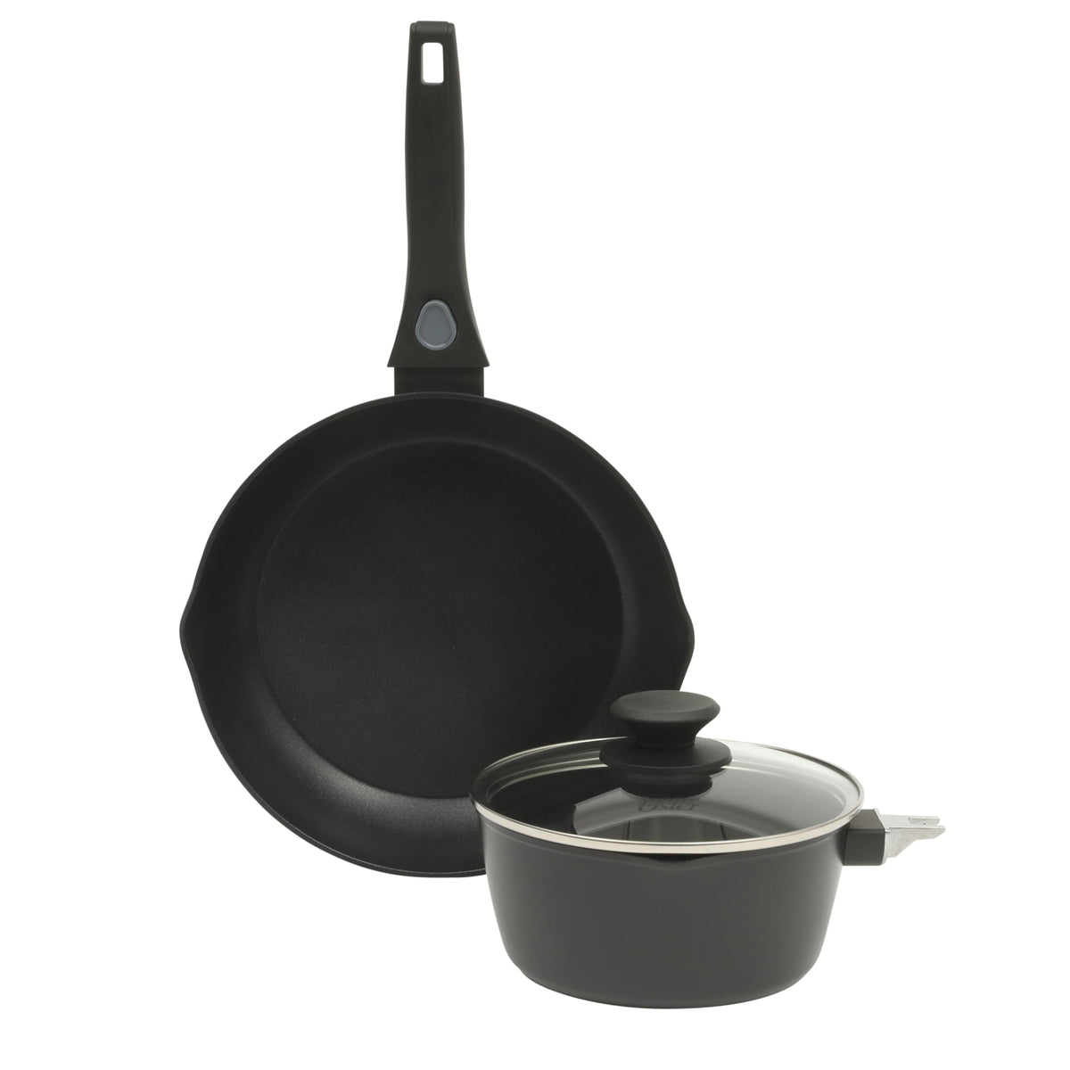Oster SmartHandle Advance 13-Piece Ceramic Nonstick Cookware Set – Matte Black Finish, Gray Interior, Induction Base, Detachable Handles, Oven & Dishwasher Safe, With Utensils & Pan Protectors