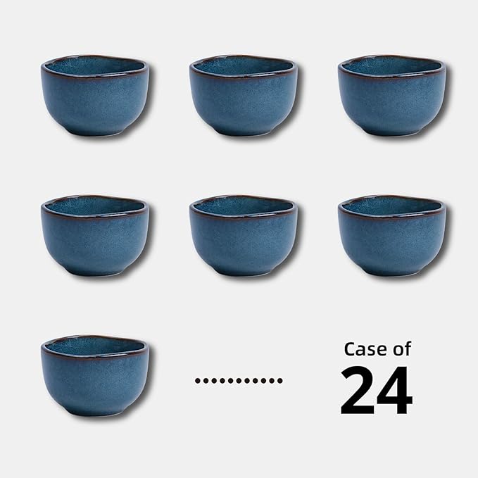 Organic Shape Highland Ceramic Bouillon Cup, 24pcs 9oz Handmade Reactive Glaze Stoneware Dip Bowls with Wavy Edge, for Kitchen, Microwave & Dishwasher Safe, Scratch Resistant-Blue