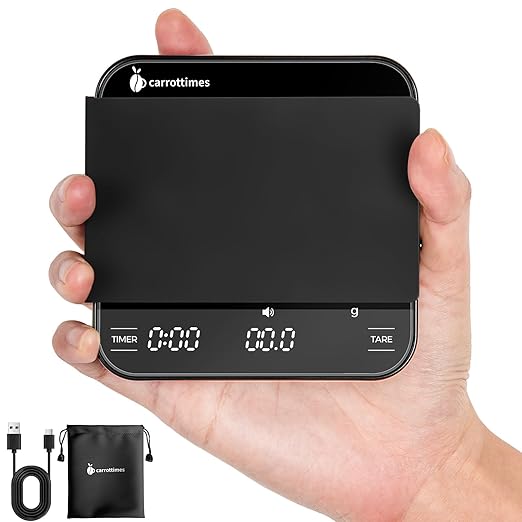 carrottimes Rechargeable Mini Coffee Scale with Timer, 2kg/0.1g Precision Espresso Scale, Portable Digital Coffee Scale w/ 4 Modes for Espresso and Pour-Over Coffee (Black)