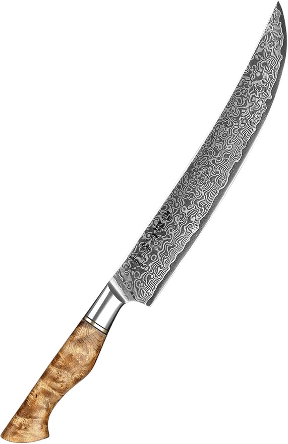 HEZHEN 10-Inch Slicing Knife with Granton Edge –67 Layers Damascus Steel, Professional Carving Knife for Brisket, Roast & BBQ, Figured Sycamore Handle