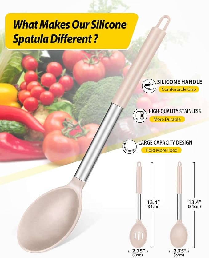 BUNDLEPRO Silicone Cooking Spoons for Non Stick Cookware, 2 Pack, KHAKI