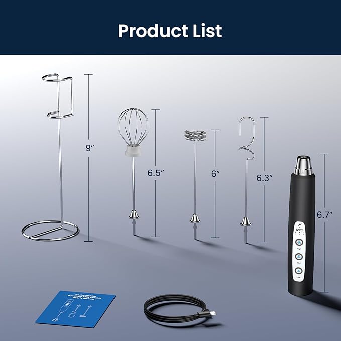 Milk Frother Wand Rechargeable Handheld Electric Whisk 3 Speed Adjustable