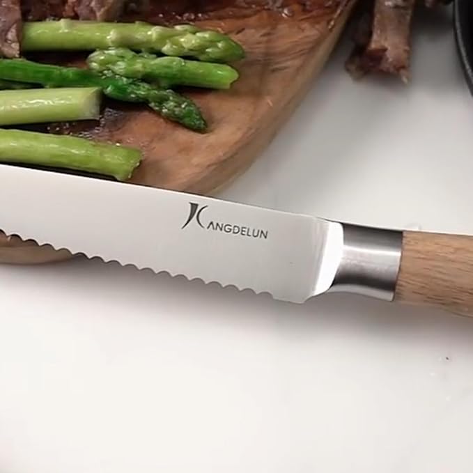 kangdelun Ultra Sharp 6-Piece Steak Knife Set, 4.5" Serrated Blades, 50Cr15MoV High-Carbon Stainless Steel, Torrefied Natural Ash Wood Handles, Magnetic Gift Box