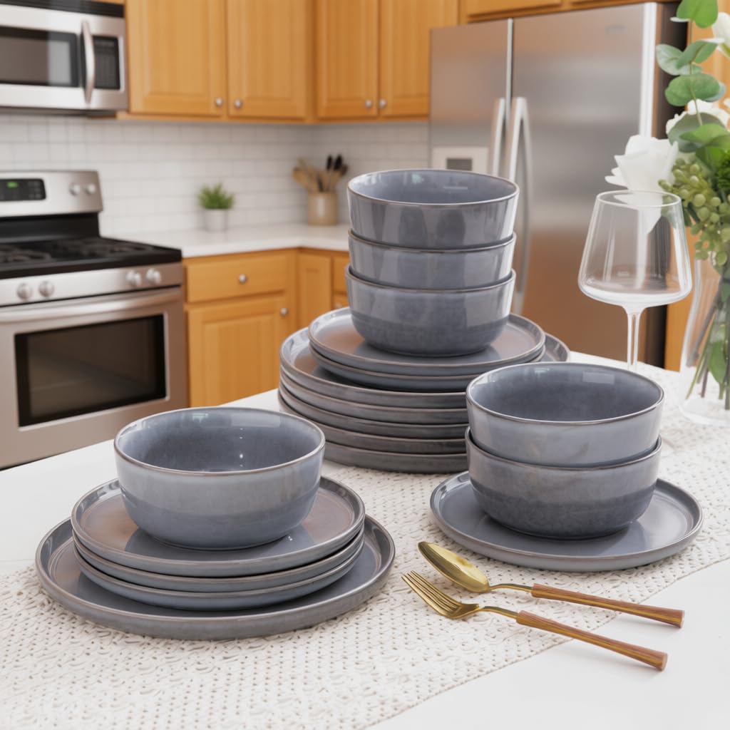 AmorArc Stoneware Dinnerware Sets for 6, 18Pcs Plates and Bowls Sets Dishes