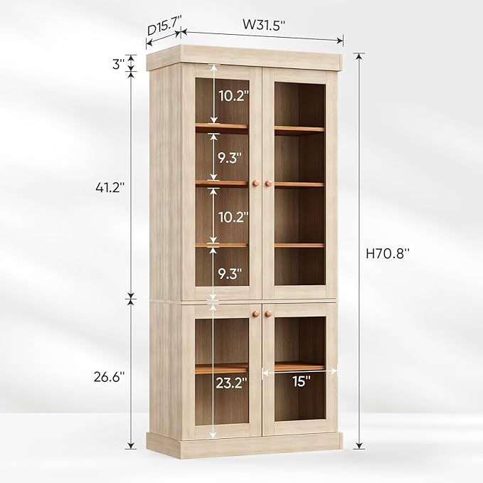 ivaniti 70.8" Tall Brown Bookshelf with Glass Doors, Farmhouse Modular Bookcase with 6-Tier Adjustable Shelves, Large Storage Cabinet for Home Office, Living Room, Set of 2