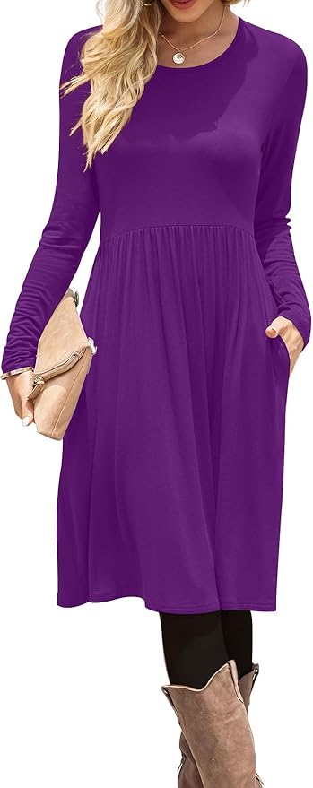 DB MOON Women Casual Long Sleeve Dresses Empire Waist Loose Dress with Pockets (Purple, XL)
