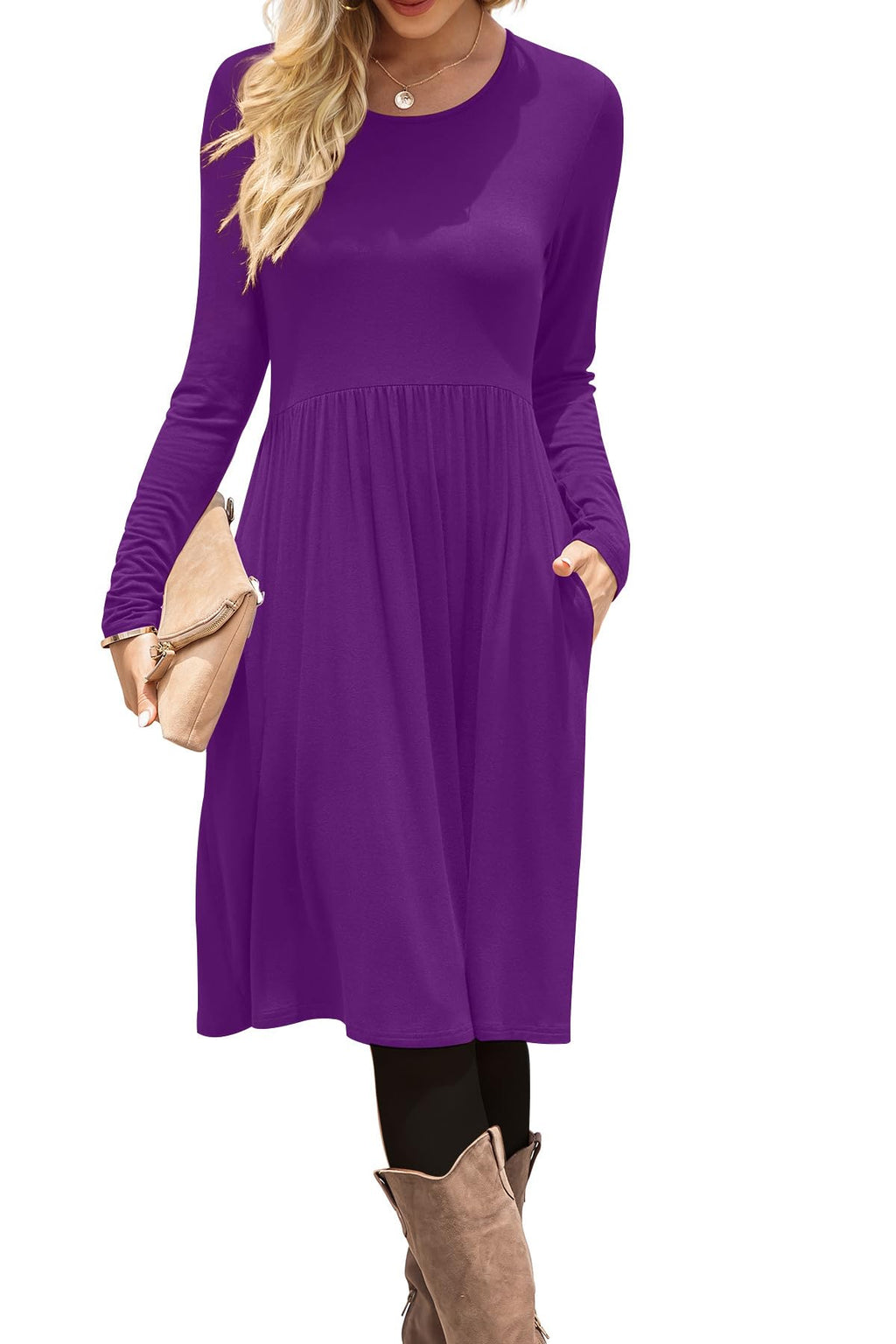 DB MOON Women Casual Long Sleeve Dresses Empire Waist Loose Dress with Pockets (Purple, L)