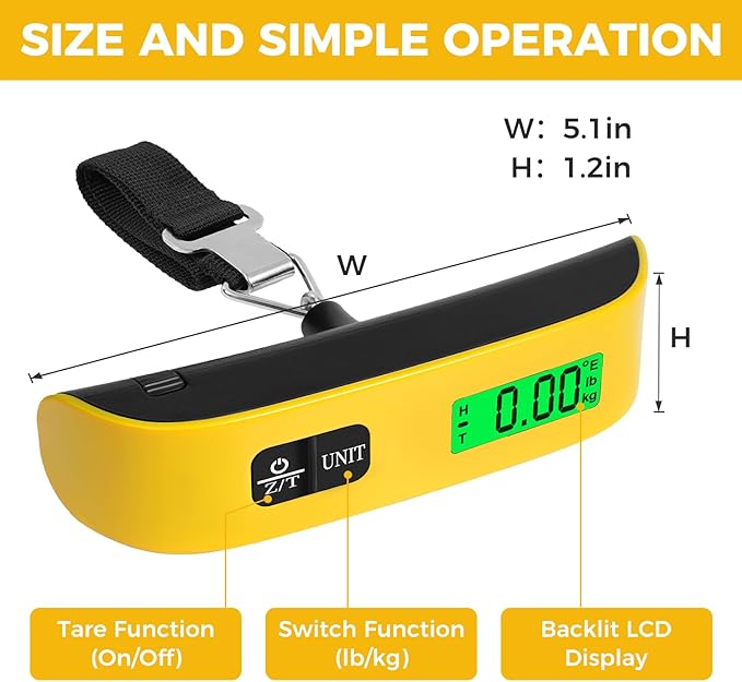 BAGAIL Digital Luggage Scale, 110lbs Hanging Baggage Scale with Backlit LCD Display,Portable Suitcase Weighing Scale,Travel Luggage Weight Scale with Hook,Strong Straps for Travelers(Yellow)