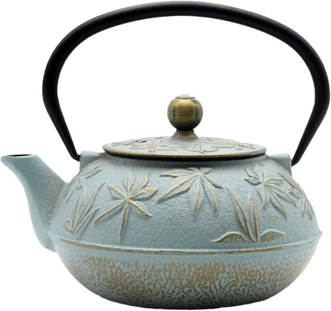 SECHUDO Cast Iron Teapot Tea Kettle with Stainless Steel Infuser for Stovetop Safe Coated with Enameled Interior Japanese Tetsubin with Maple Leaves Pattern(30.4oz/900ml) (Color-5)