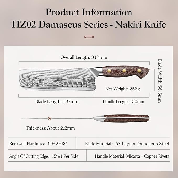 HEZHEN 7.4'' Nakiri Knife – 67 Layers Damascus Steel, Ultra Sharp Japanese Vegetable Knife for Home Cooks, Ergonomic Micarta Handle
