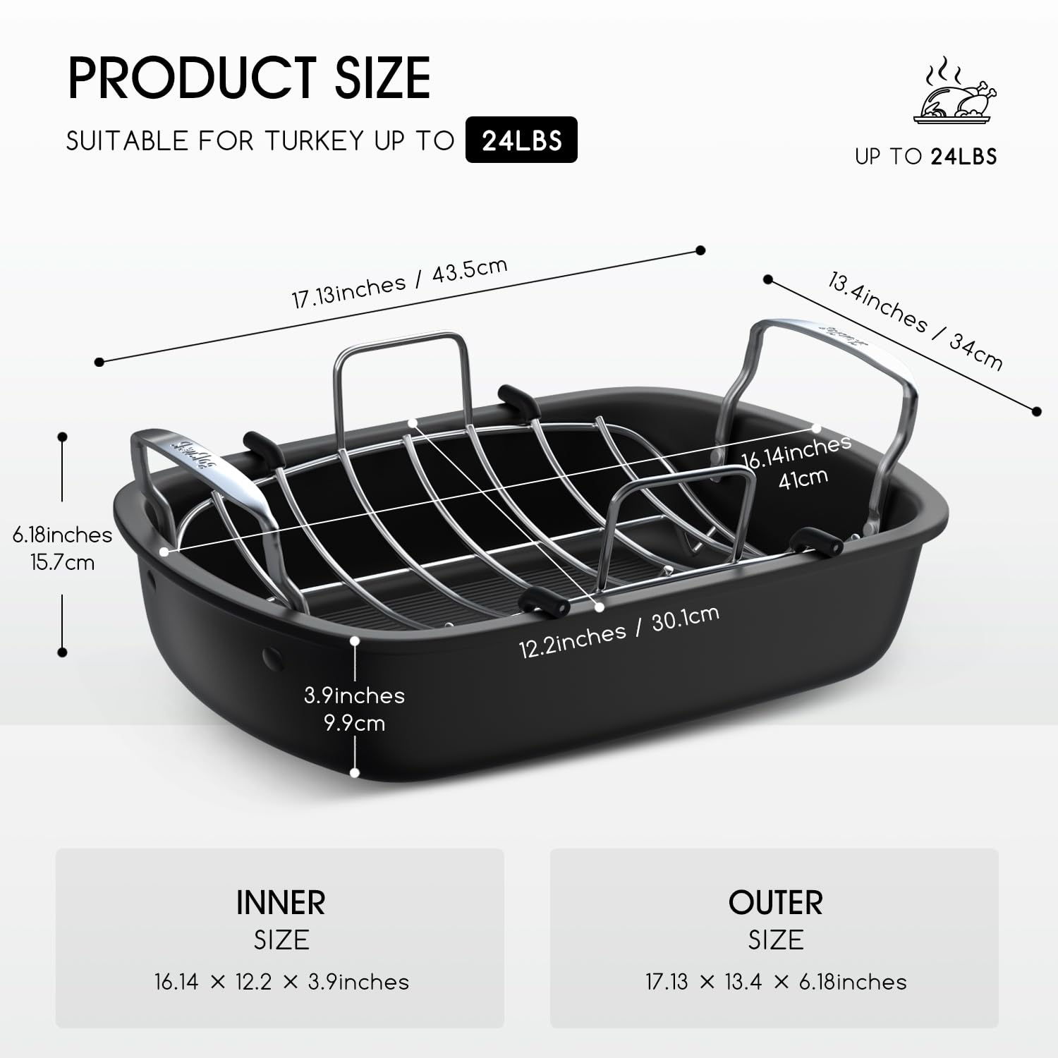 Turkey Roasting Pan, 17x13 Inch Roaster Pan for Turkey, Black&Silver