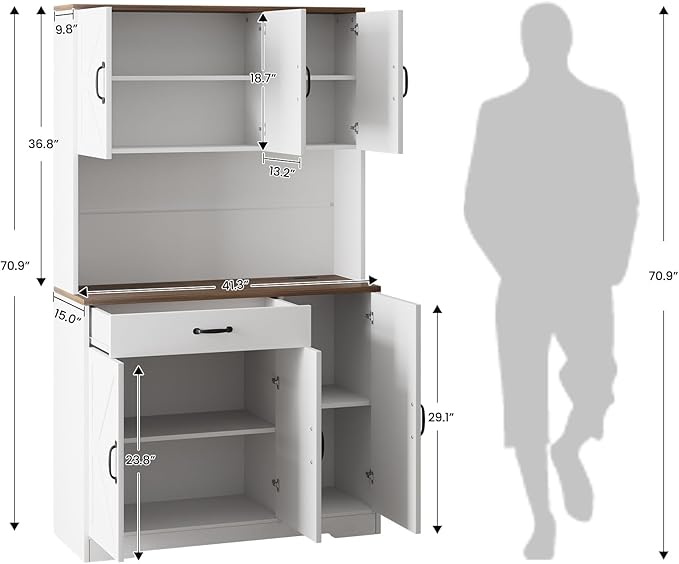 GRUSIGN 71" Pantry Cabinet with Charging Station, Large Capacity Kitchen Hutch Storage Cabinet, Kitchen Cabinet with Microwave Stand, Storage Drawers & Adjustable Shelves for Dining Room, Cream-White