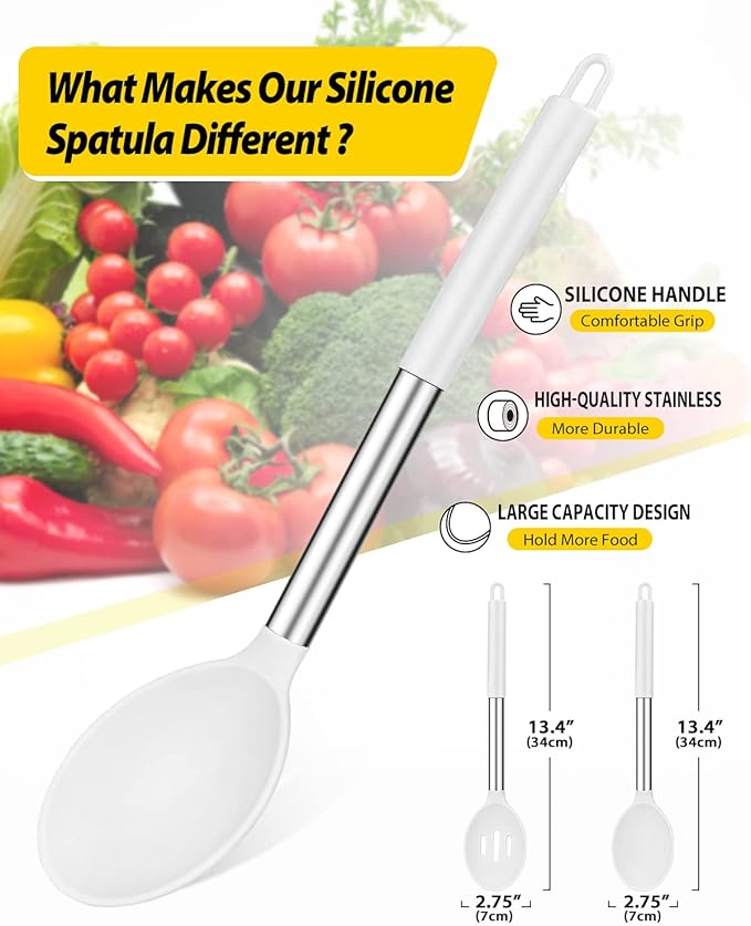 BUNDLEPRO Silicone Cooking Spoons for Non Stick Cookware, 2 Pack, White
