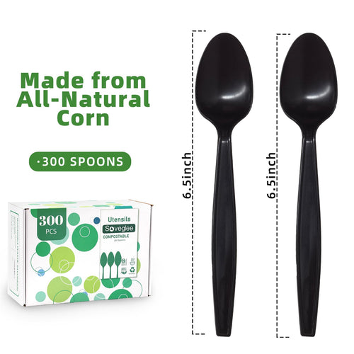 100% Compostable Spoons, 300 Disposable Spoons, Black No Plastic Spoons, BPA-Free Heavy Duty Disposable Utensils, Ecofriendly Compostable Cutlery for Party Wedding Picnic