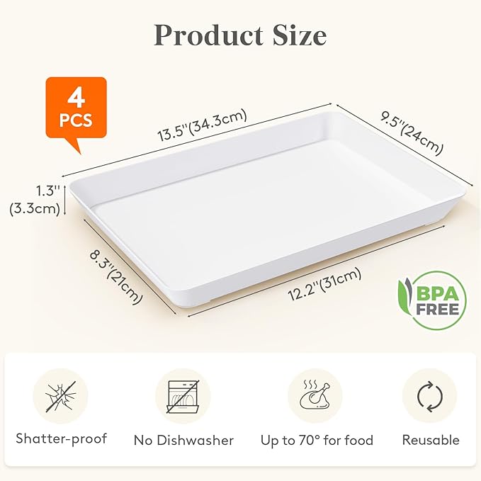 Lifewit 4 Pcs Serving Tray for Party Supplies, Reusable Plastic Food Serving Platter for Dessert, Snacks, Fruit, Cookies, Appetizers & Charcuterie, BPA-Free White Catering Trays for Buffets Display