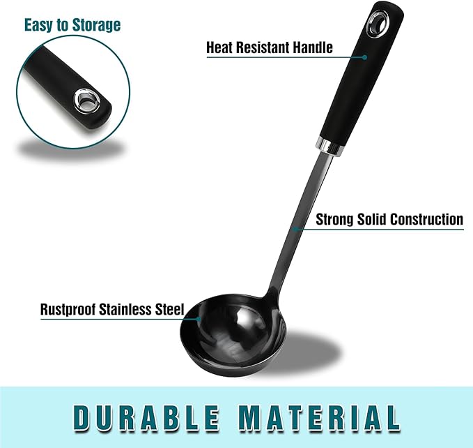 JXWING 12-Inch Black Stainless Steel Soup Ladle, Metal Ladle Spoon