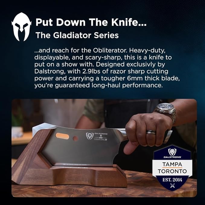 Dalstrong Obliterator 9" Meat Cleaver — 6mm Thick, 2.9 lbs, 7CR17MOV Carbon Steel (60 HRC), Full-Tang G-10 Handle — For BBQ Pitmasters, Home Butchering & Heavy Prep — Wood Stand Included