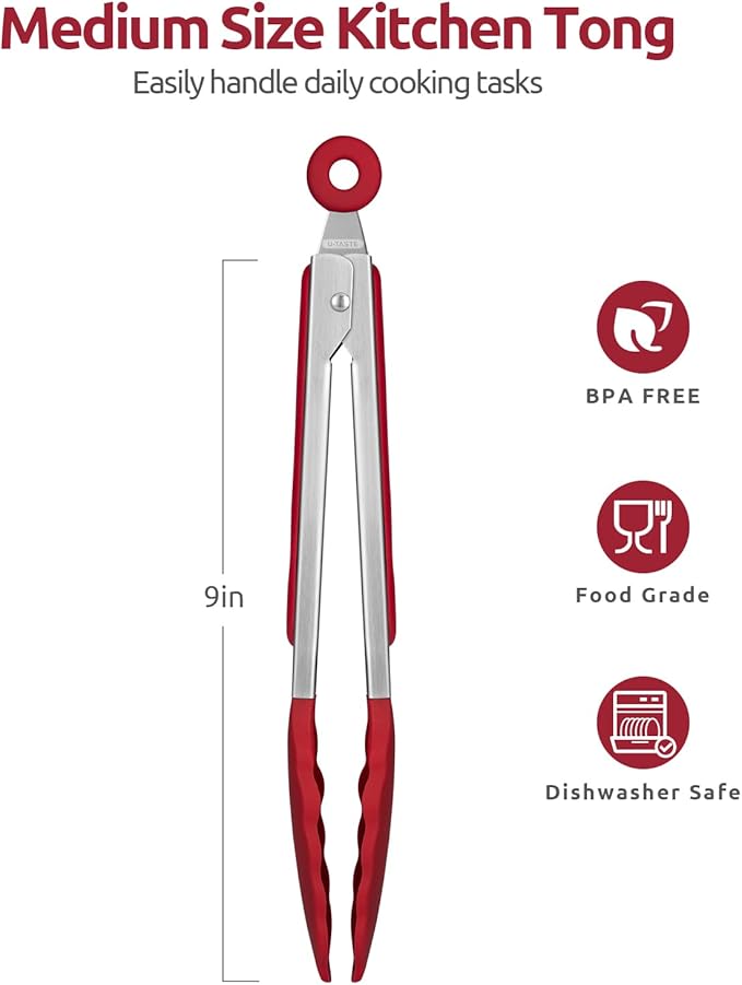 U-Taste Kitchen Tong for Cooking, 600ºF Heat-Resistant Silicone, 9in/Red