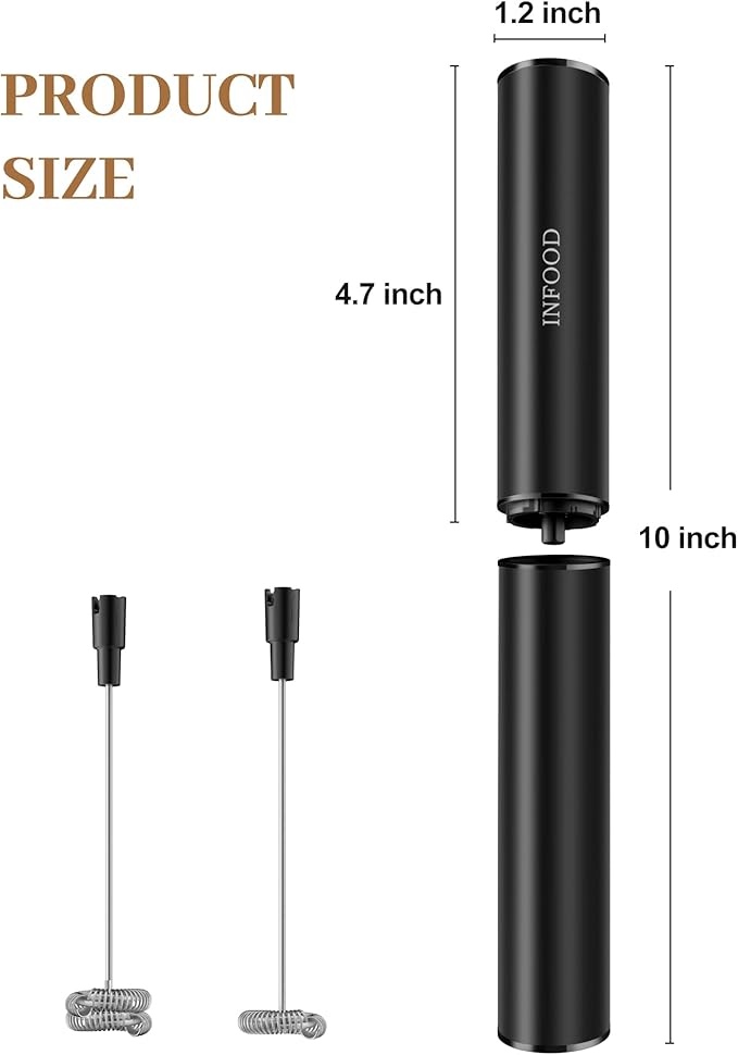 INFOOD Rechargeable Milk Frother with Cover, 2-Speed, 2 Whisks, Black