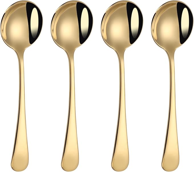 Mafier 7" Round Soup Spoons Set of 4,18/10 Stainless Steel Heavy Duty with Deep Bowl,Fine Mirror Polished,Dishwasher Safe(Gold)