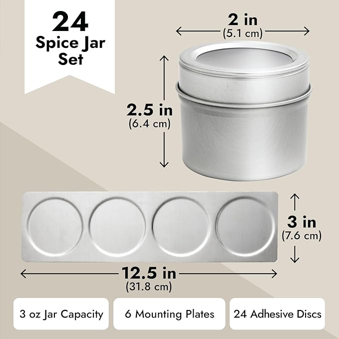 Talented Kitchen Magnetic Stainless Steel Spice Jars - 24-Pack, 3 oz, Silver - Magnetic Kitchen Spice Jars with Organizer Plates & Lids for Fridge & RV - Includes 6 Wall Plates & 269 Preprinted Labels
