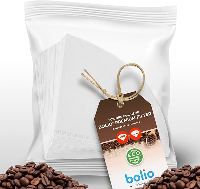 Bolio Premium Hemp White Paper Cone Coffee Filters - Peroxide Whitened - Compatible with V60 and All No.2 Size Pour Over Drippers - (Pack of 100)