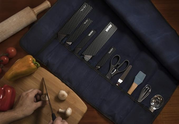 Asaya Waxed Canvas Chef Knife Roll Bag with 10 Slots and a Zipper Pocket - Professional Chef Knife Bag & Storage Case, with Shoulder Strap - Knives Not Included (Blue)