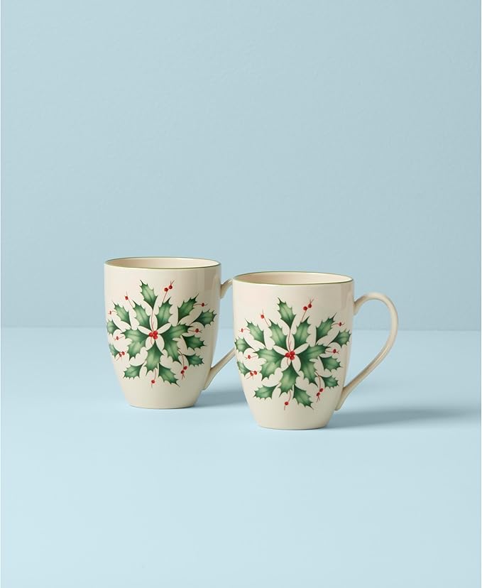 Lenox Hosting the Holidays Holly Porcelain Christmas Mug Set for 2, 14oz