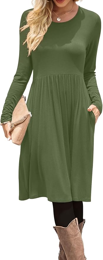 DB MOON Women Casual Long Sleeve Dresses Empire Waist Loose Dress with Pockets (Army Green, L)