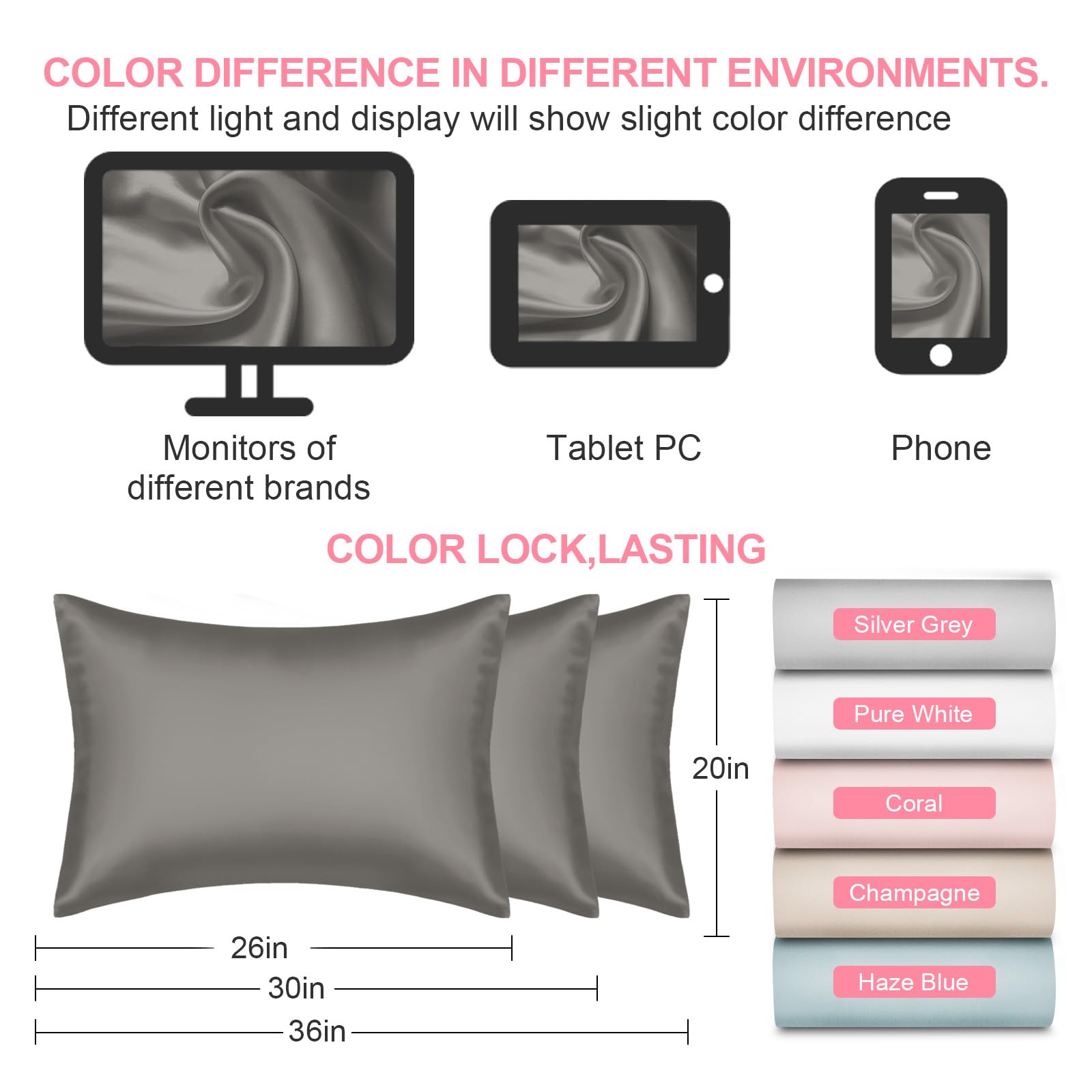 LYSHIN Silk Pillow Cases Standard Size with Hidden Zipper, Dark Grey