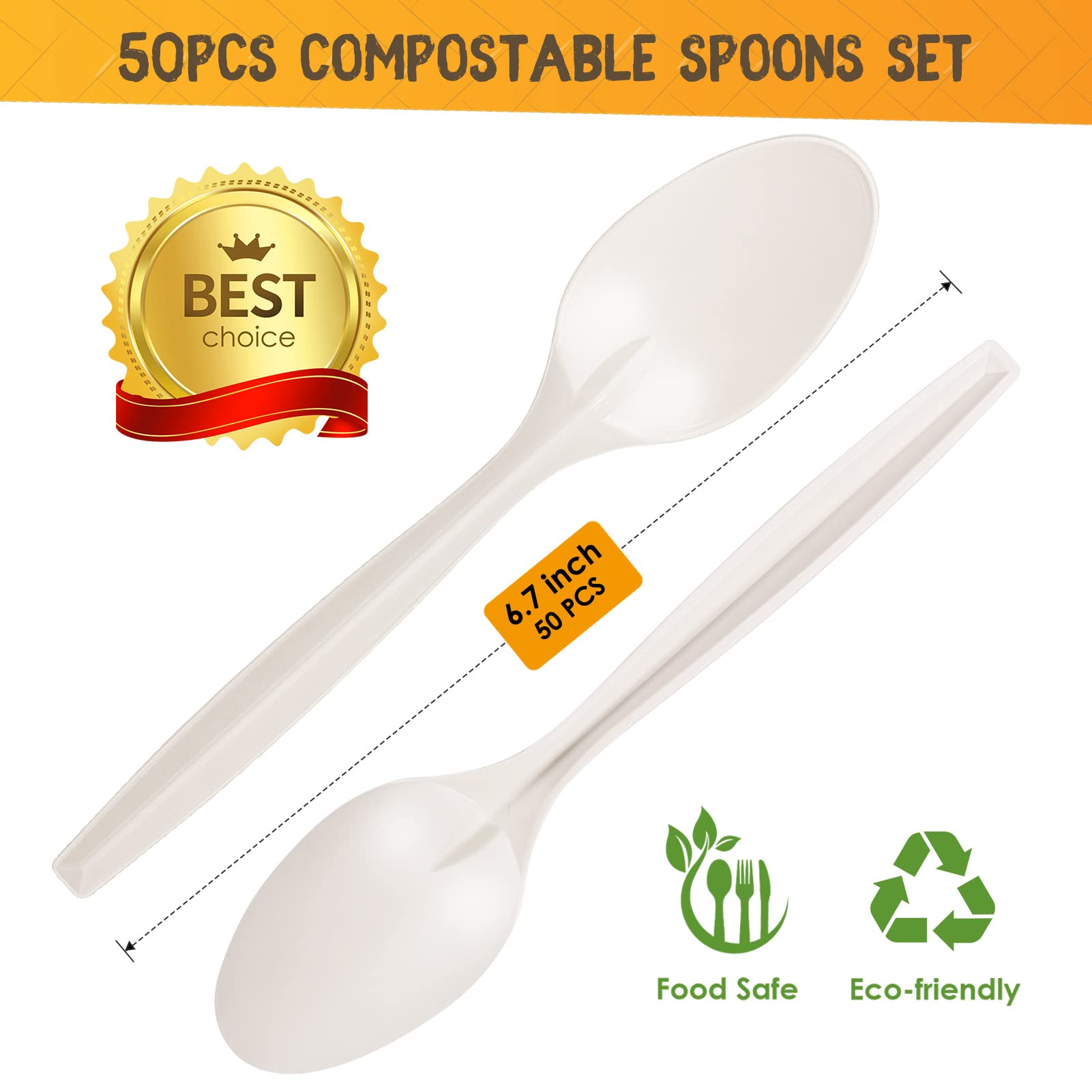 Gezond Compostable Spoons 50 Pack 6.7 Inch Disposable Spoons No Plastic Biodegradable Cutlery Set Heavy-duty for Party Wedding Camping Office Picnic